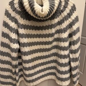 Elan Cream and Gray Striped Cowl Neck Sweater